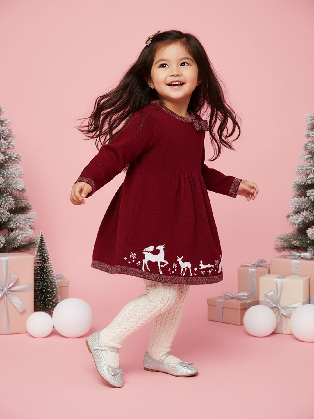 Nautinati Girls Maroon Jacquard Long Sleeve Acrylic Sweater