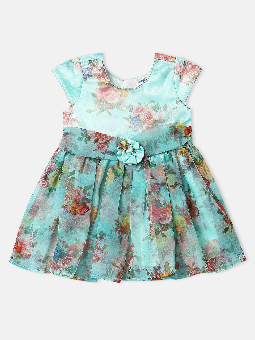 Nautinati Girls Organza Satin Floral Print Knee Length Party Dress