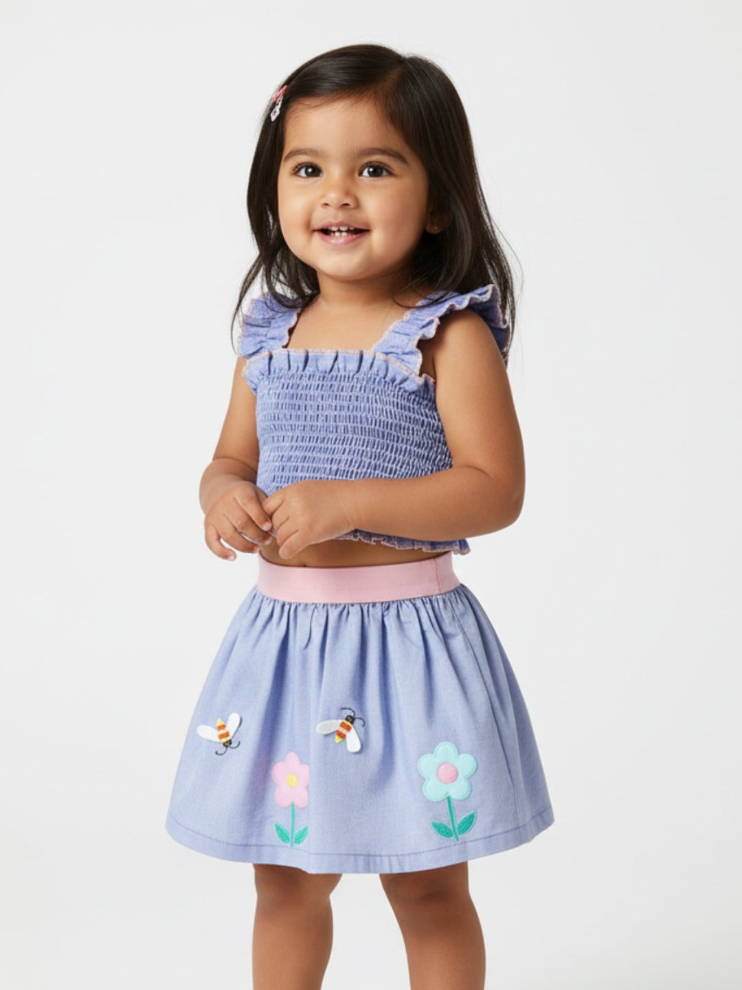 Nauti Nati Girls Pure Cotton Smocked Blouson Crop Top With Skirt