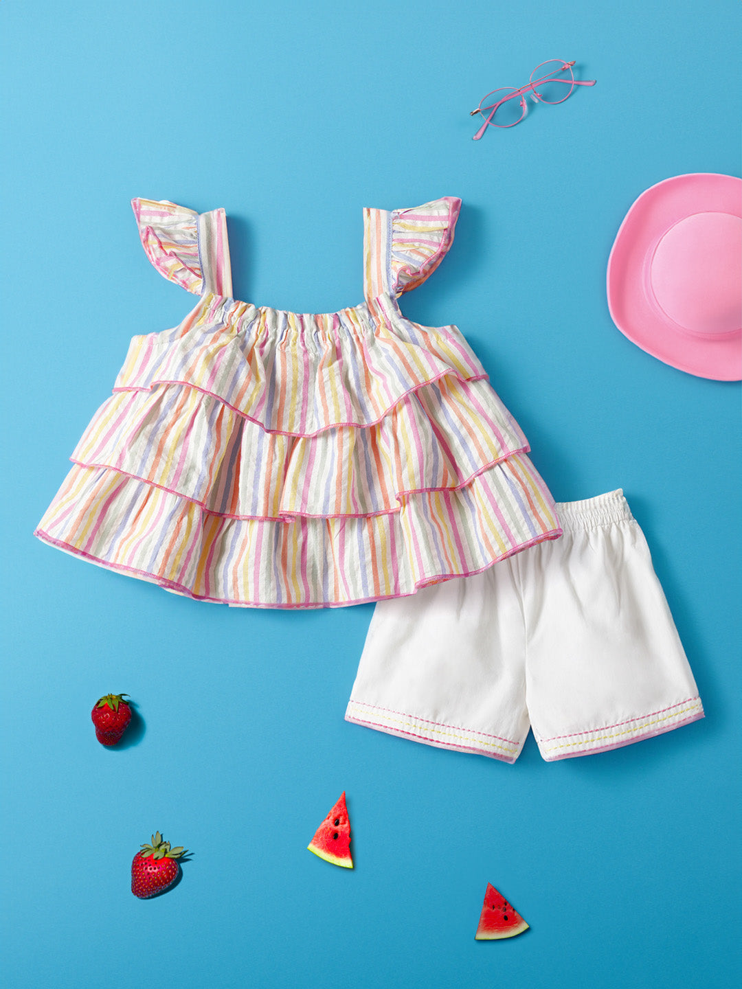 Nauti Nati Girls Striped Pure Cotton Top with Shorts