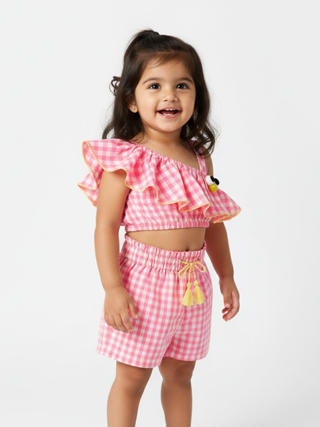Nauti Nati Girls Checked One Shoulder Ruffled Pure Cotton Crop Top With Shorts