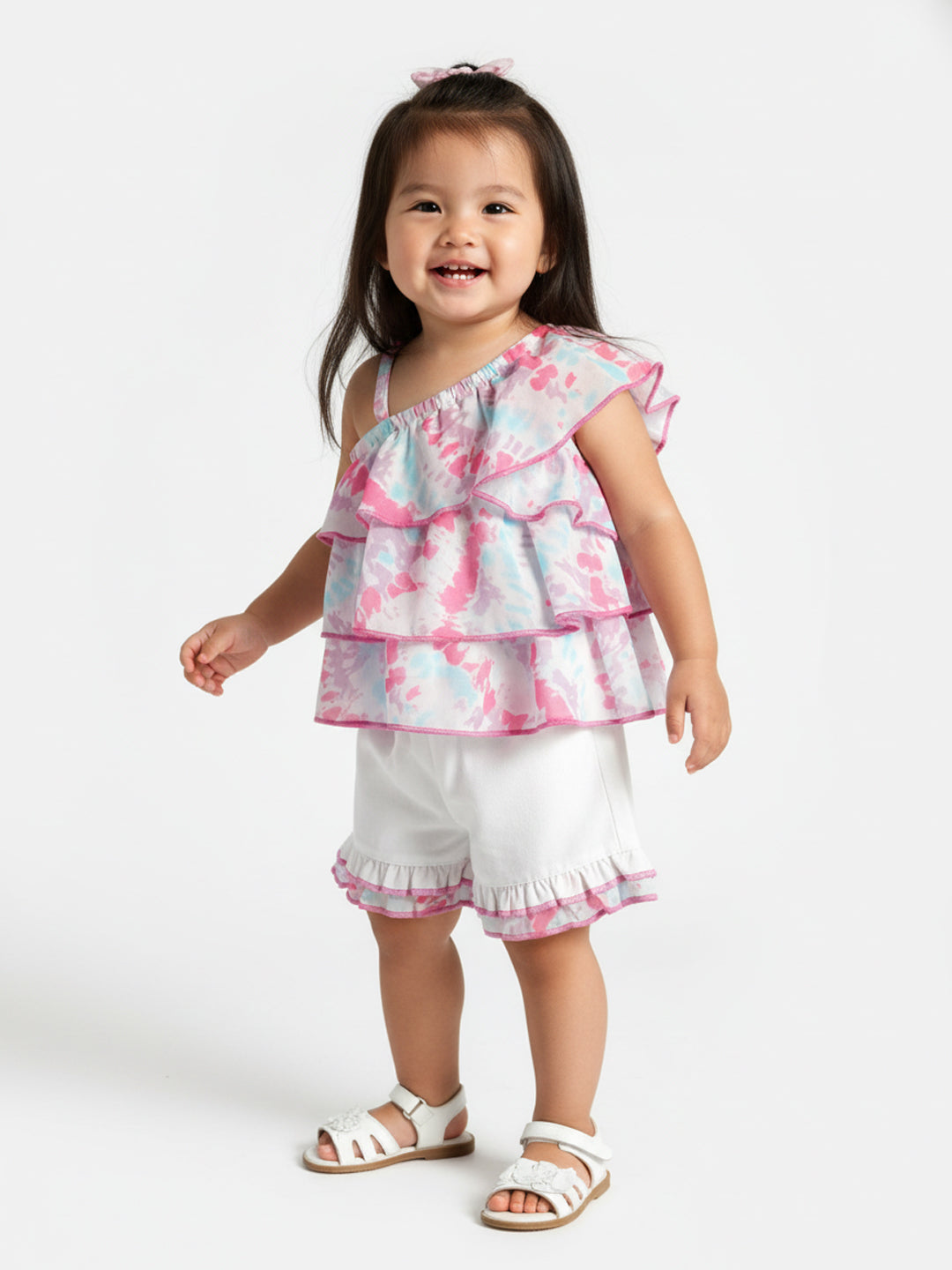 Nauti Nati Girls Abstract Printed One Shoulder Layered Top with Shorts