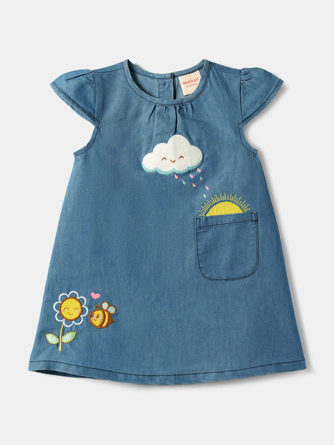 Nauti Nati Infants Applique Short Flutter Sleeves Round Neck Denim A-Line Dress