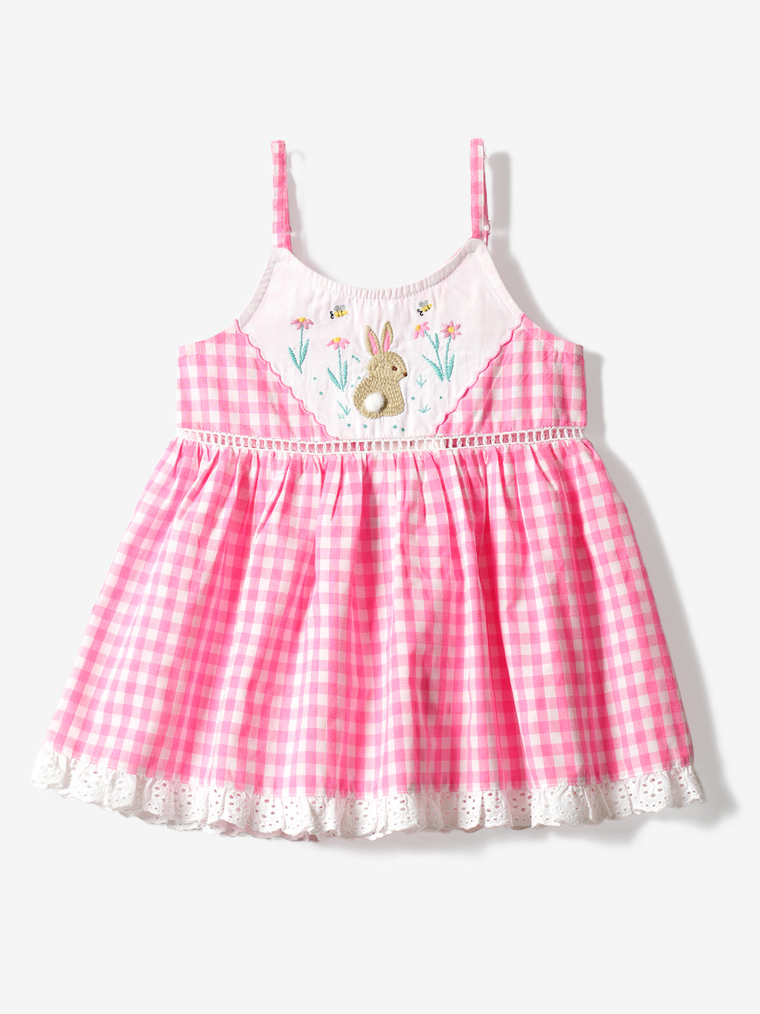 Nauti Nati Girls Pink-White Checkered Sleeveless Embroidered Yoke Design Cotton Fit & Flare Dress