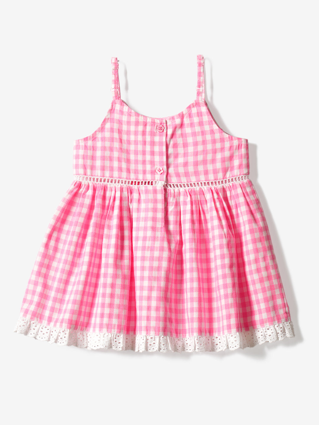 Nauti Nati Girls Pink-White Checkered Sleeveless Embroidered Yoke Design Cotton Fit & Flare Dress