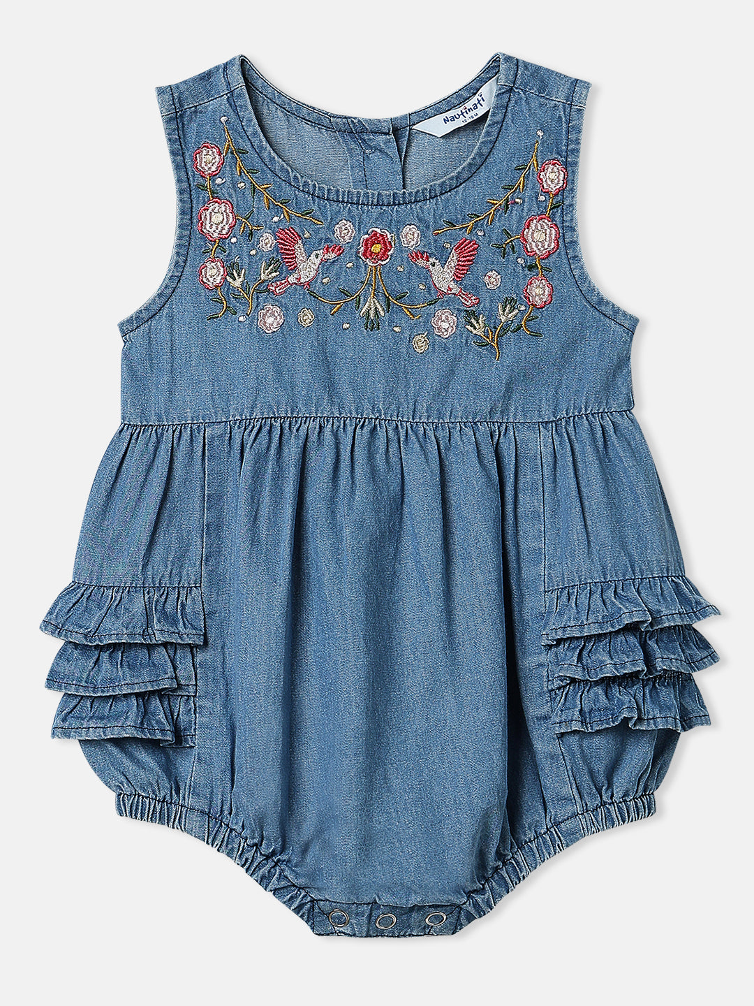 Nautinati Girls Floral Embroidered Denim Sleeveless Romper-Style Dress