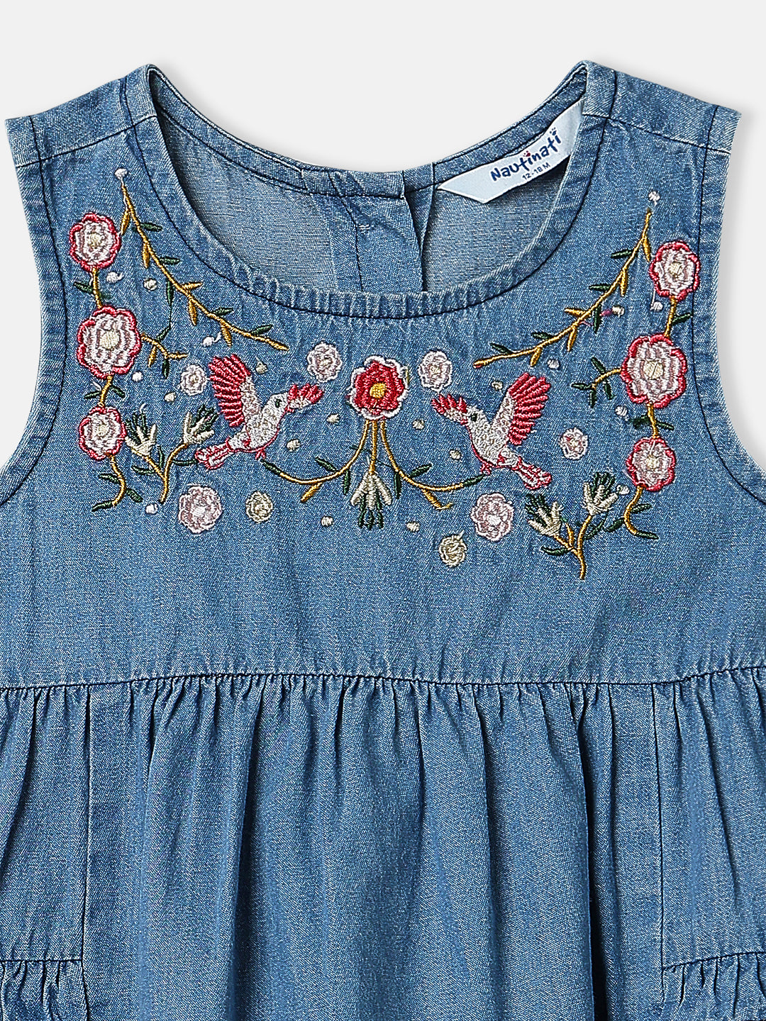 Nautinati Girls Floral Embroidered Denim Sleeveless Romper-Style Dress