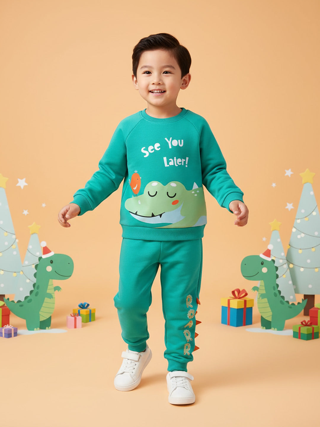 Nautinati Boys Green Fleece Set of Alligator Print Sweatshirt and Joggers