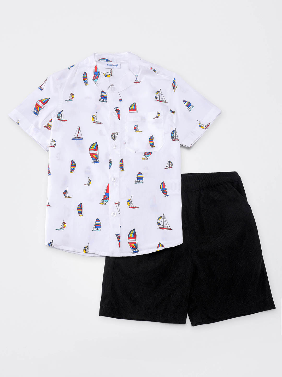 Nautinati Boys White 100% Cotton Sailor Print Half Sleeve Shirt with Black Corduroy Shorts