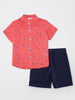 Nautinati Boys Orange Graphic Print Linen Half Sleeve Shirt with Navy Cotton Shorts