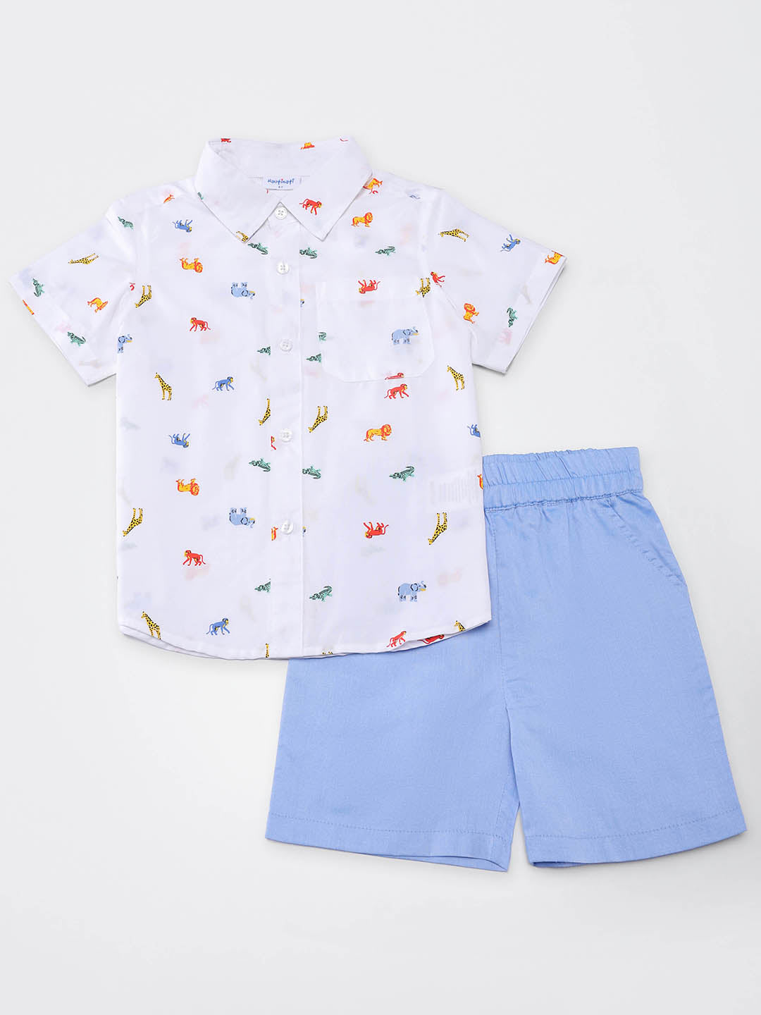 Nautinati Boys White Animal Print Cotton Half Sleeve Shirt with Blue Chambray Shorts