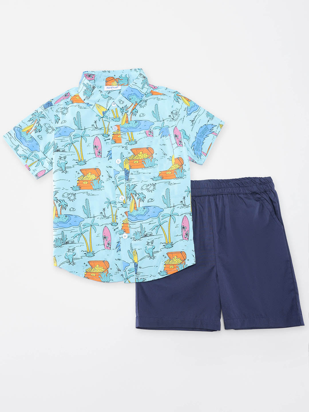 Nautinati Boys Multicolour Hawaiian and Treasure Print Rayon Half Sleeve Shirt with Cotton Navy Shorts