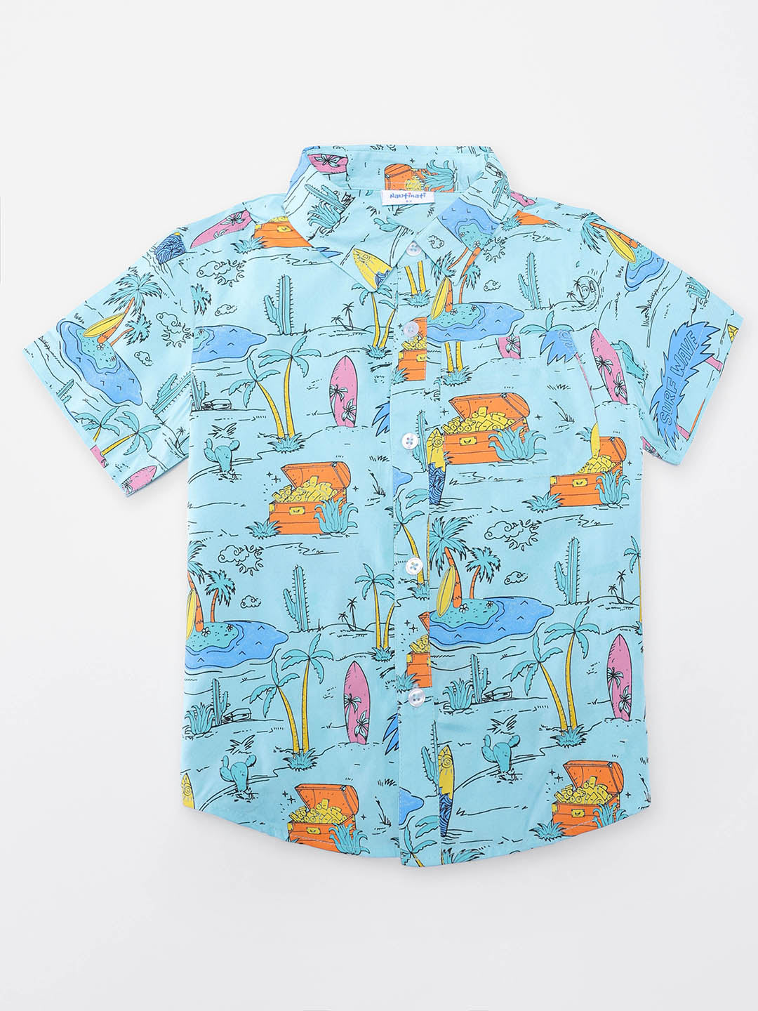 Nautinati Boys Multicolour Hawaiian and Treasure Print Rayon Half Sleeve Shirt with Cotton Navy Shorts