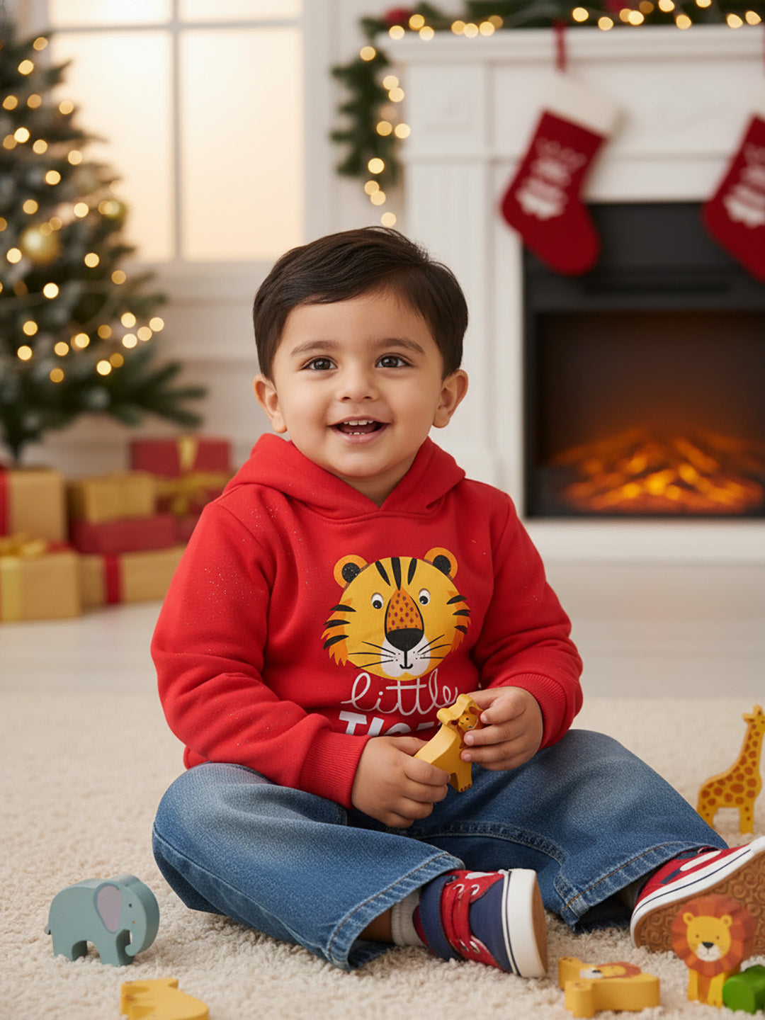 Nautinati Boys' Fleece Little Tiger Red Printed Sweatshirt Hoodie