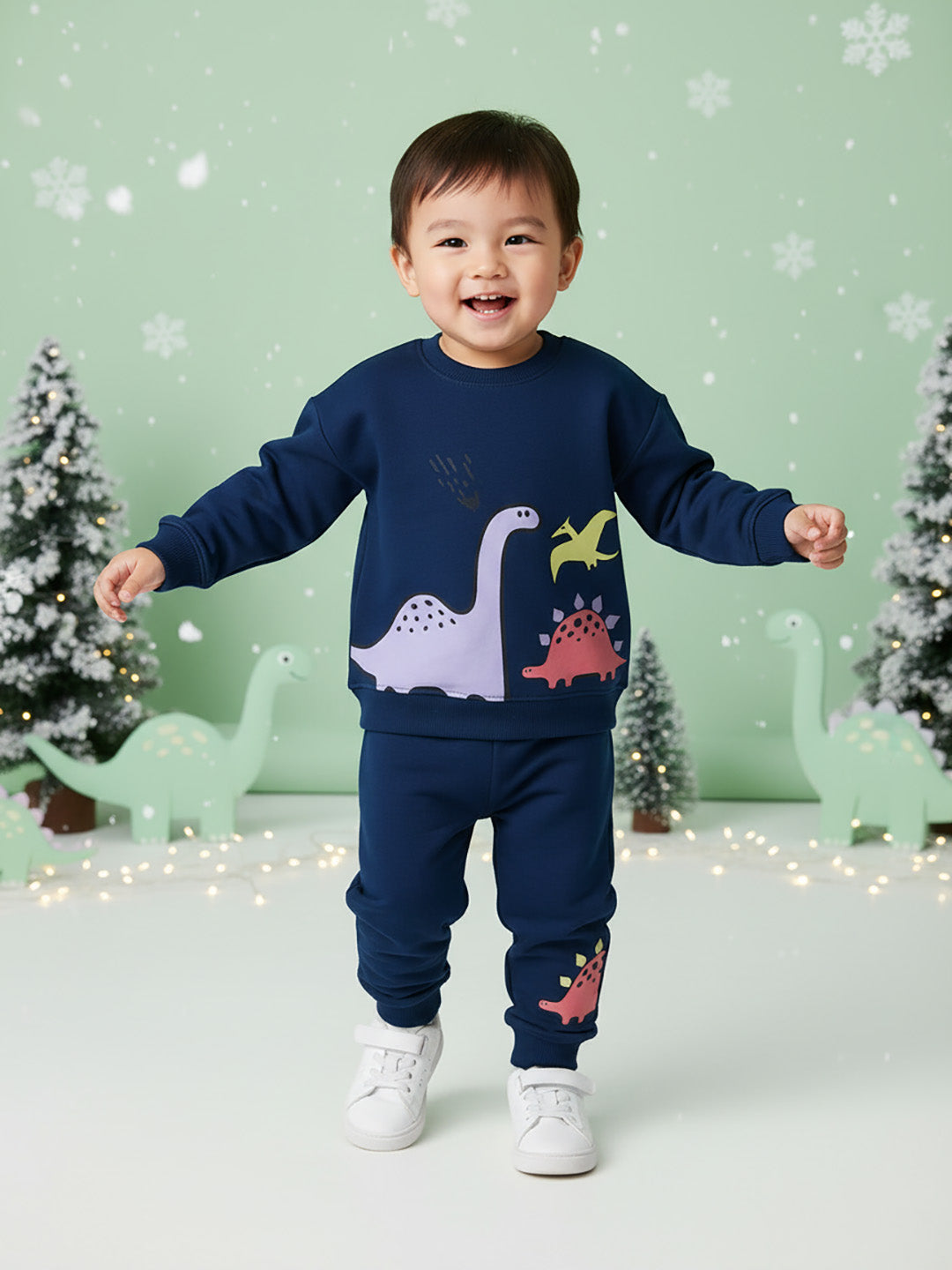 Nautinati Boys Navy Fleece Set of Dino Print Sweatshirt and Joggers