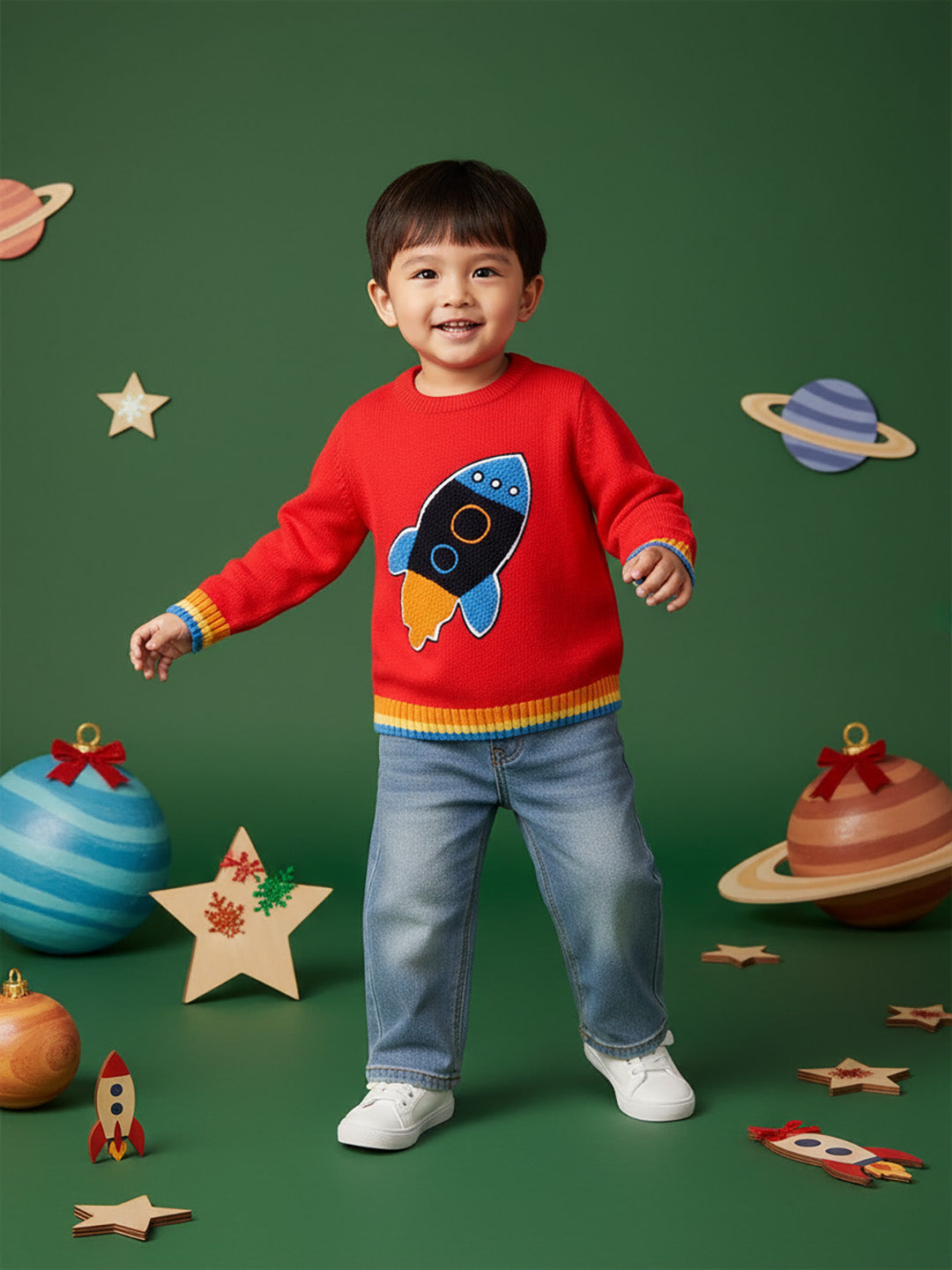 Nautinati Boys Rocket Print Round Neck Full Sleeves Jacquard Knit Sweater