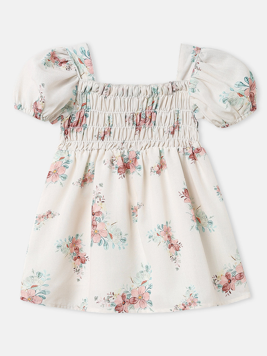 Nautinati Girls Linen Half Sleeve Knee Length Floral Print Frock