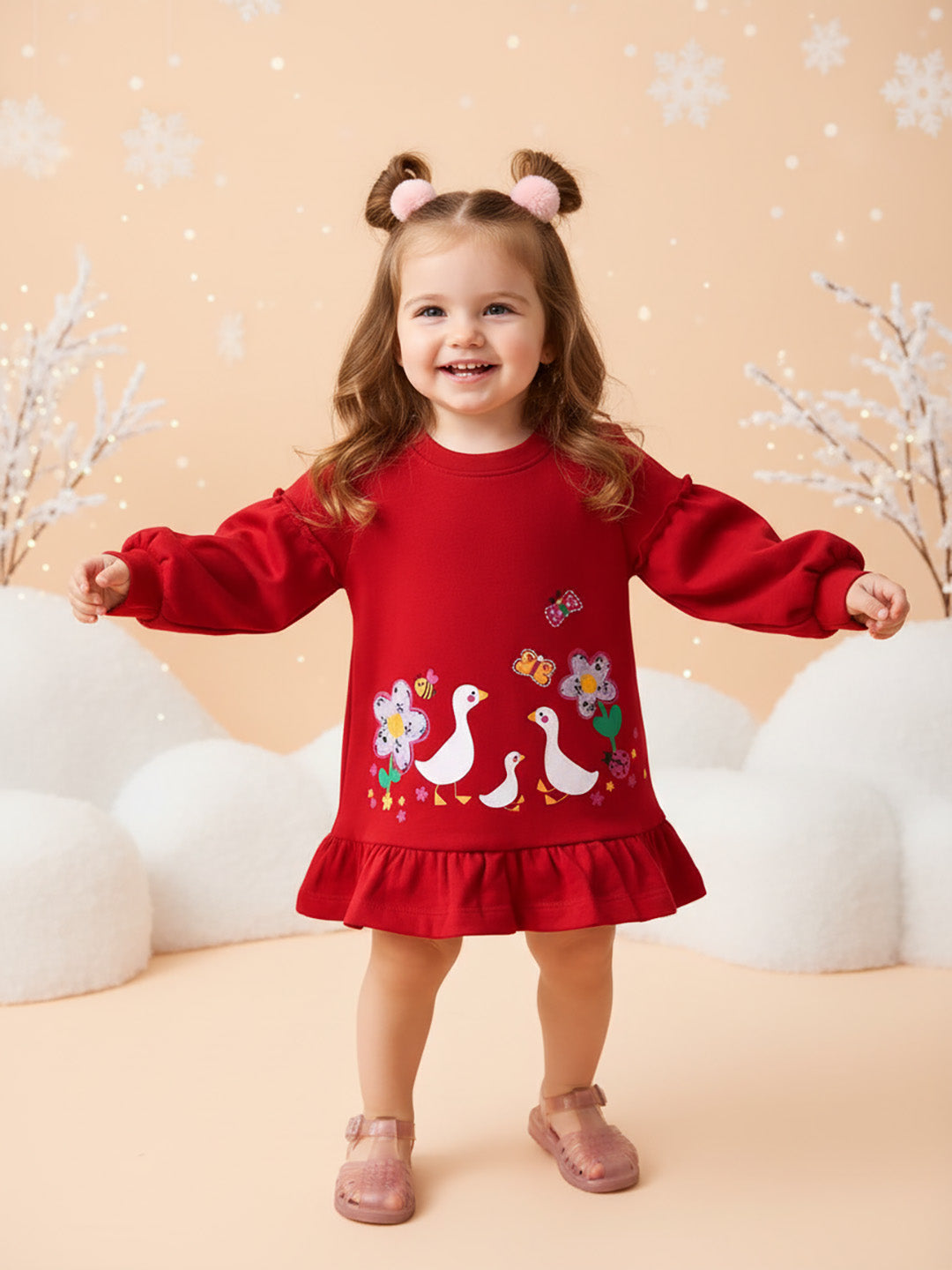 Nautinati Girls' Bright Red Full Sleeve Frock with Frills