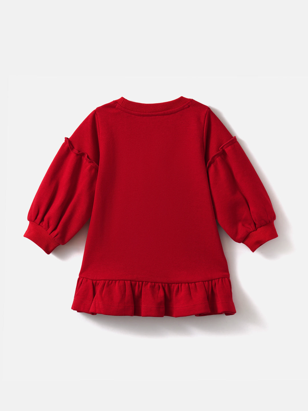 Nautinati Girls' Bright Red Full Sleeve Frock with Frills