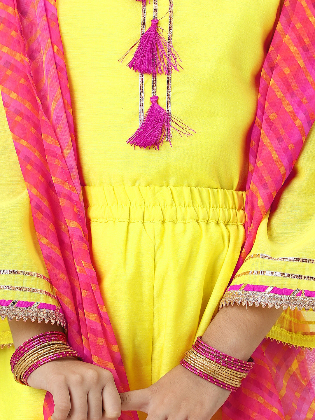 Nautinati Girls' Yellow Tassel Detail Occasion Wear Kurti Set With Printed Chiffon Dupatta