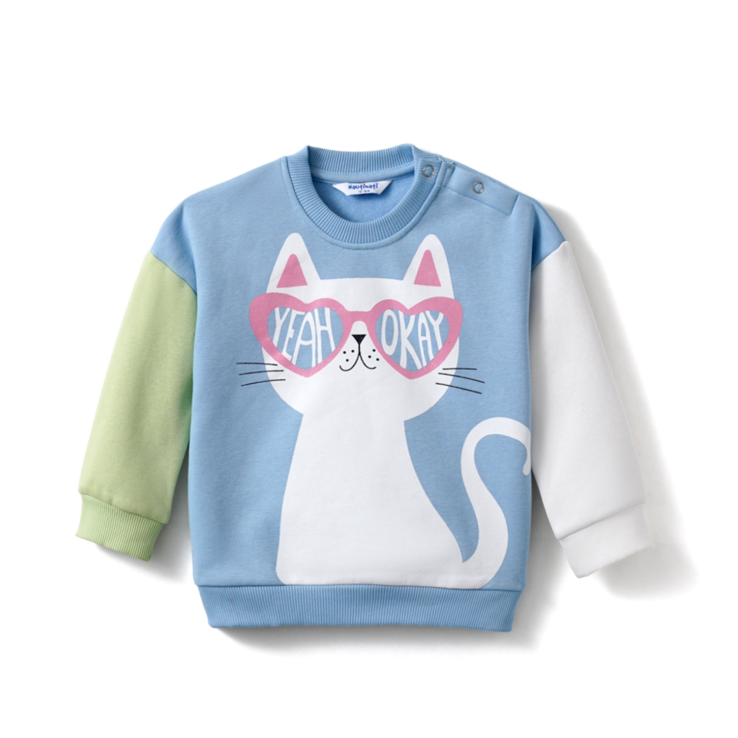 Nautinati Cat Print Colourblock Full Sleeves Fleece Sweatshirt for Girls