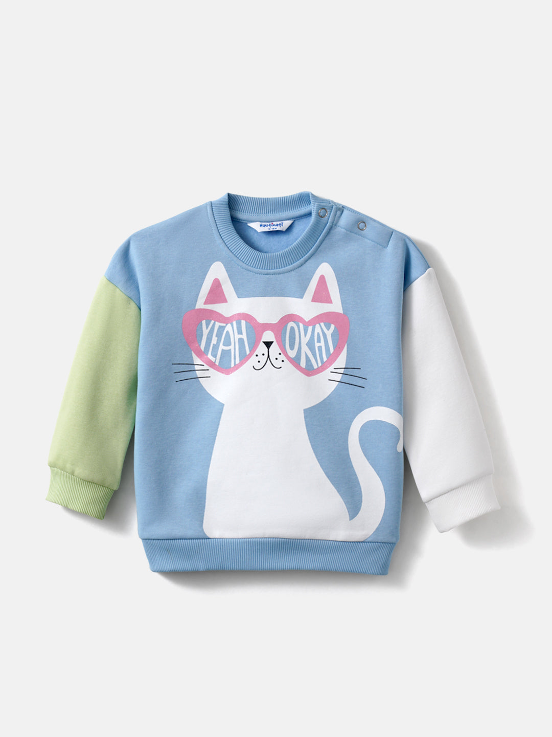 Nautinati Cat Print Colourblock Full Sleeves Fleece Sweatshirt for Girls