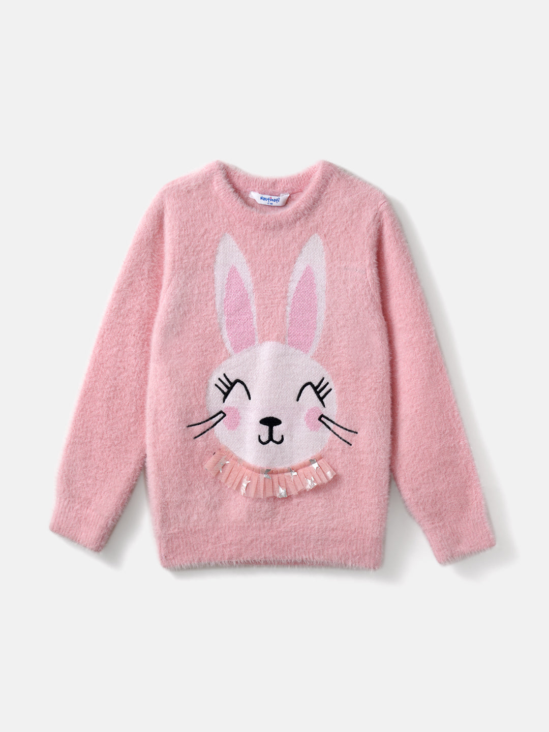 Nautinati Girls' Pink Bunny Print Jacquard Design Warm Sweater