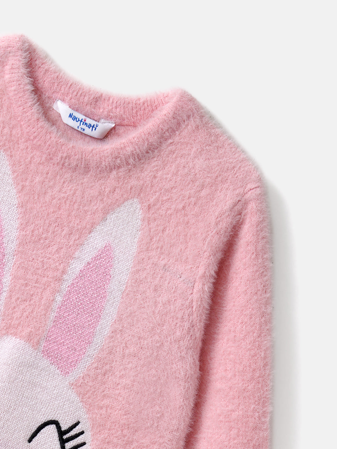 Nautinati Girls' Pink Bunny Print Jacquard Design Warm Sweater