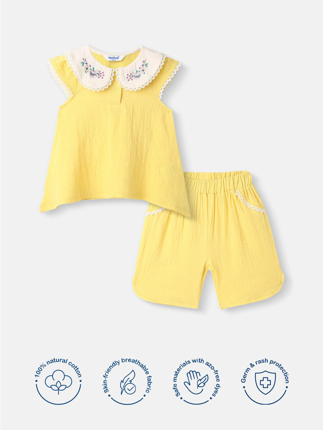 Girls Cotton Top and Shorts Set|Embroidery Detail | Peter Pan Collar | 0-2 Years