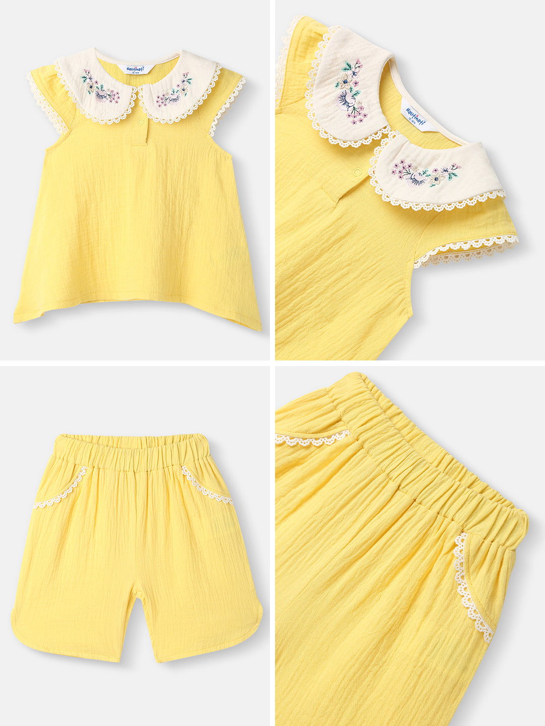 Girls Cotton Top and Shorts Set|Embroidery Detail | Peter Pan Collar | 0-2 Years