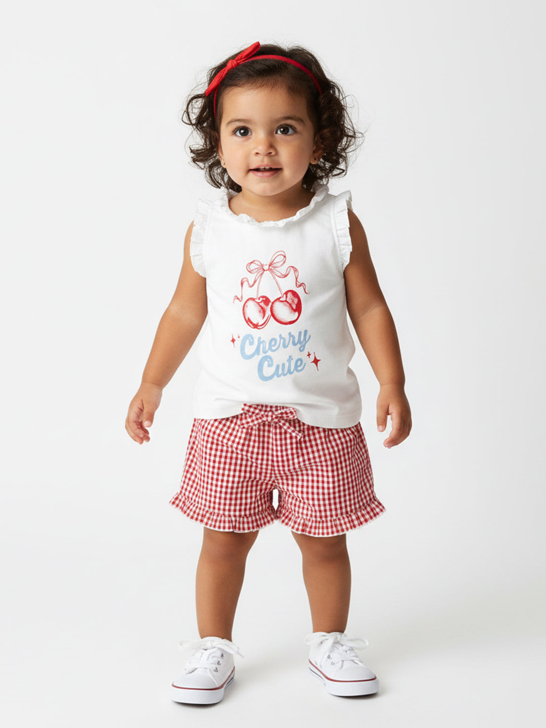 Nautinati Pink & White Graphic Printed T-shirts and Chequered Shorts for Infant Girls