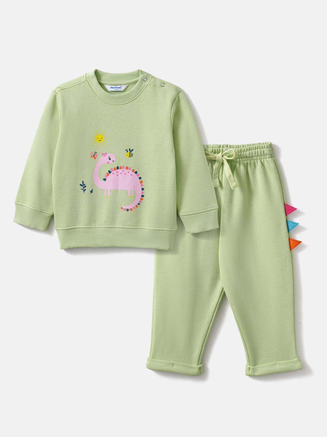 Nautinati Light Green Fleece Set of Dino Print Sweatshirt and Joggers for Infants