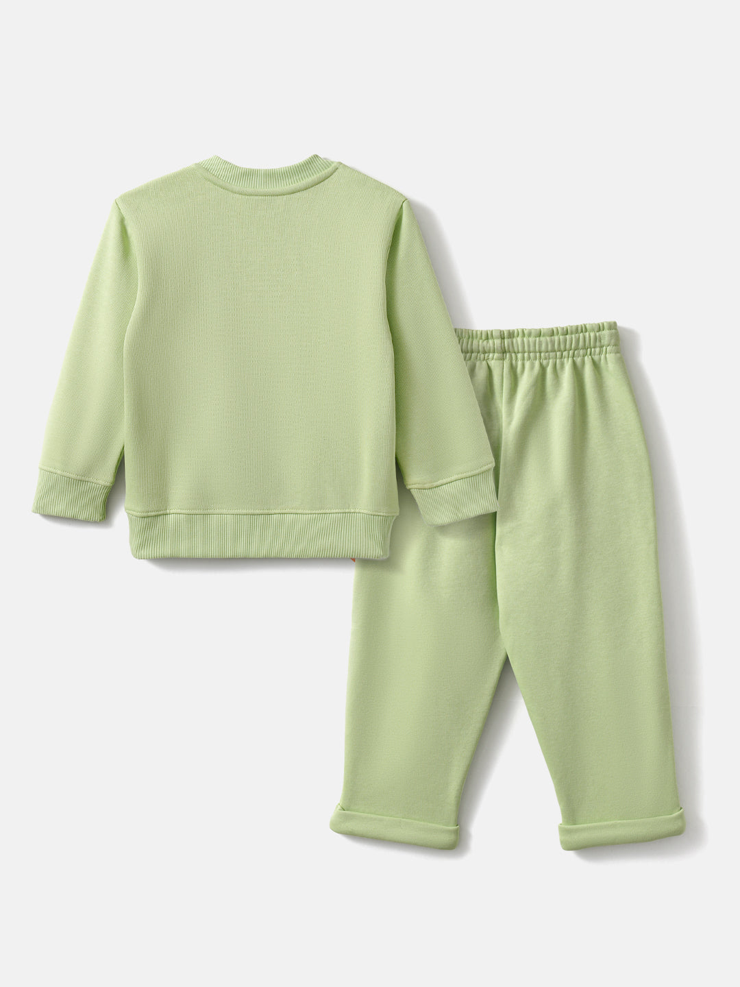 Nautinati Light Green Fleece Set of Dino Print Sweatshirt and Joggers for Infants