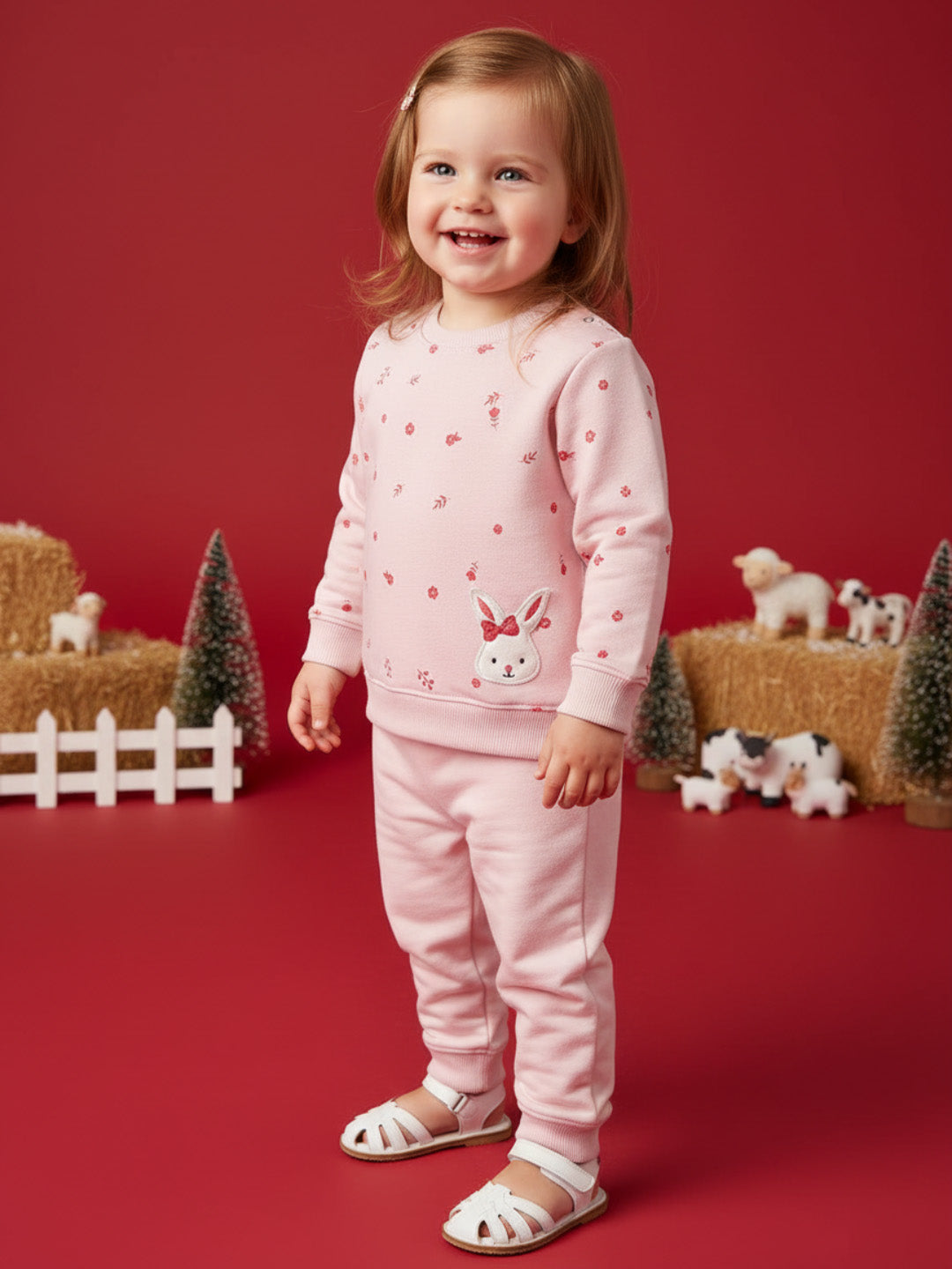 Nautinati Pink Fleece Cat Applique Sweatshirt and Solid Joggers Co-Ord Set for Infants
