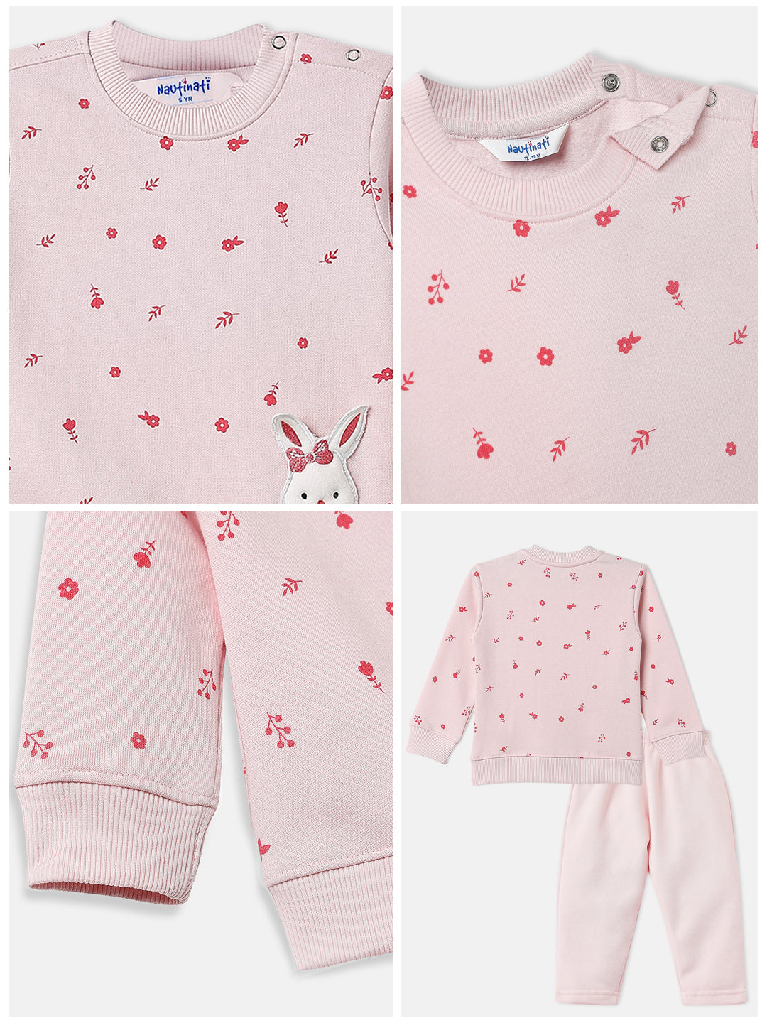 Nautinati Pink Fleece Cat Applique Sweatshirt and Solid Joggers Co-Ord Set for Infants