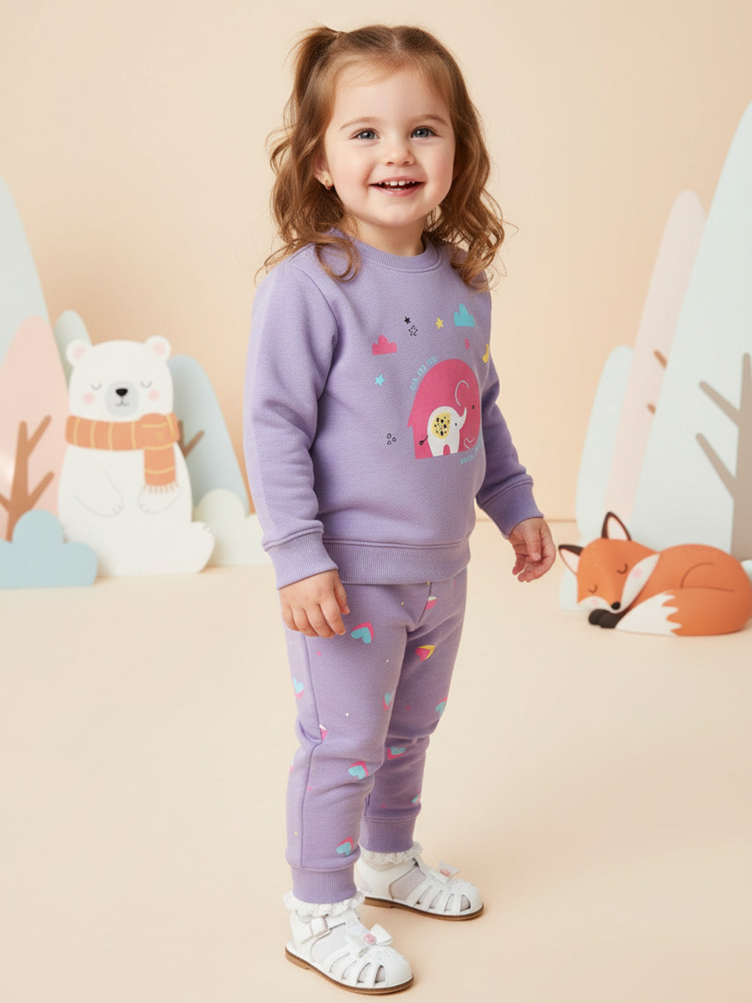 Nautinati Lavender Fleece Co-Ord Set of Graphic Sweater and Heart Printed Joggers for Infants