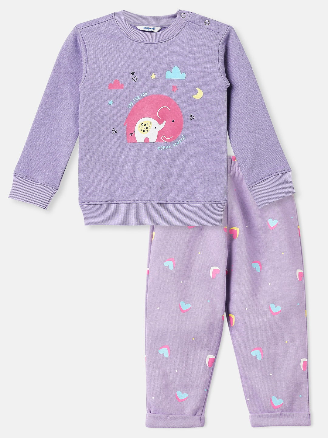 Nautinati Lavender Fleece Co-Ord Set of Graphic Sweater and Heart Printed Joggers for Infants