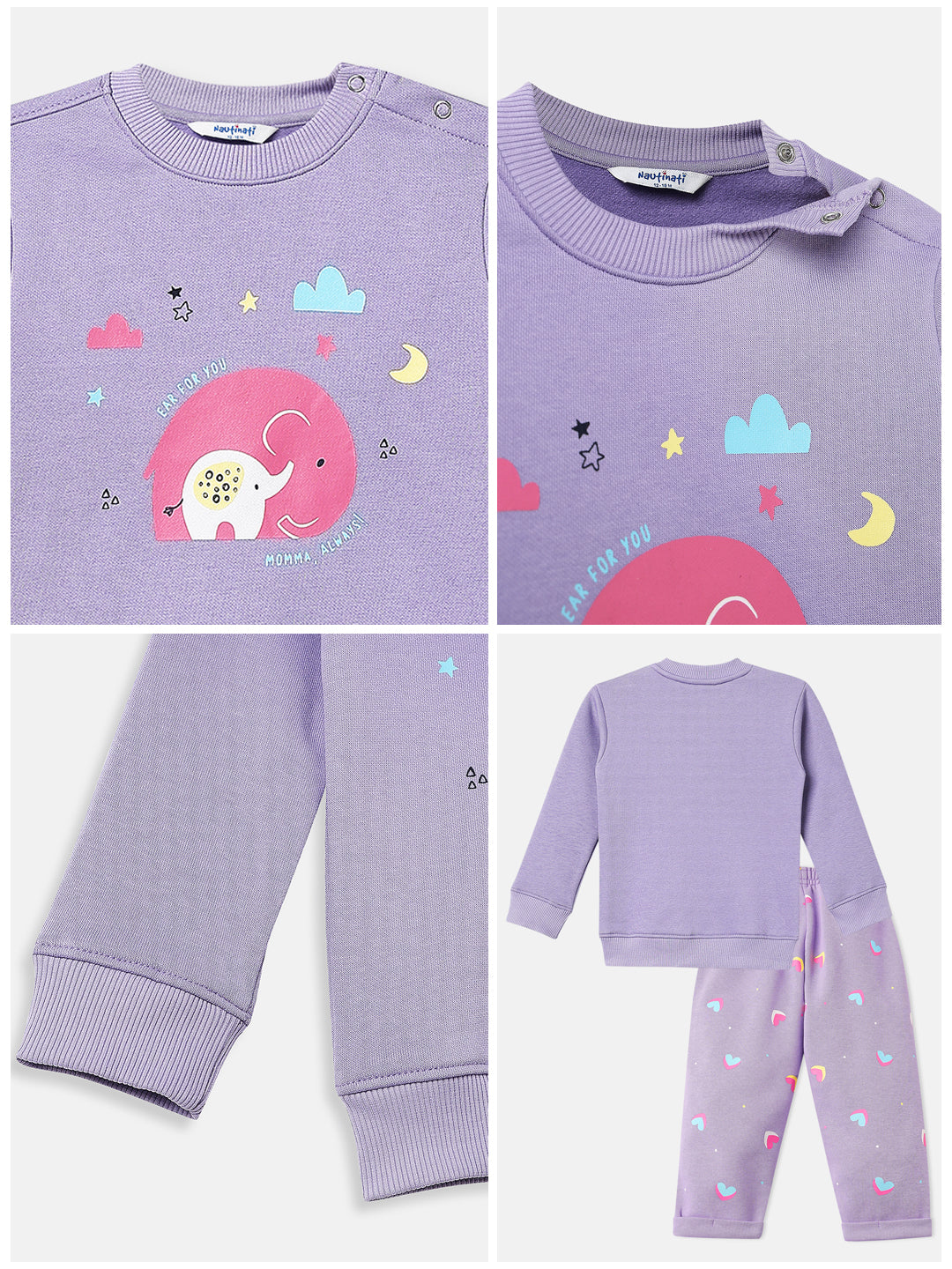 Nautinati Lavender Fleece Co-Ord Set of Graphic Sweater and Heart Printed Joggers for Infants