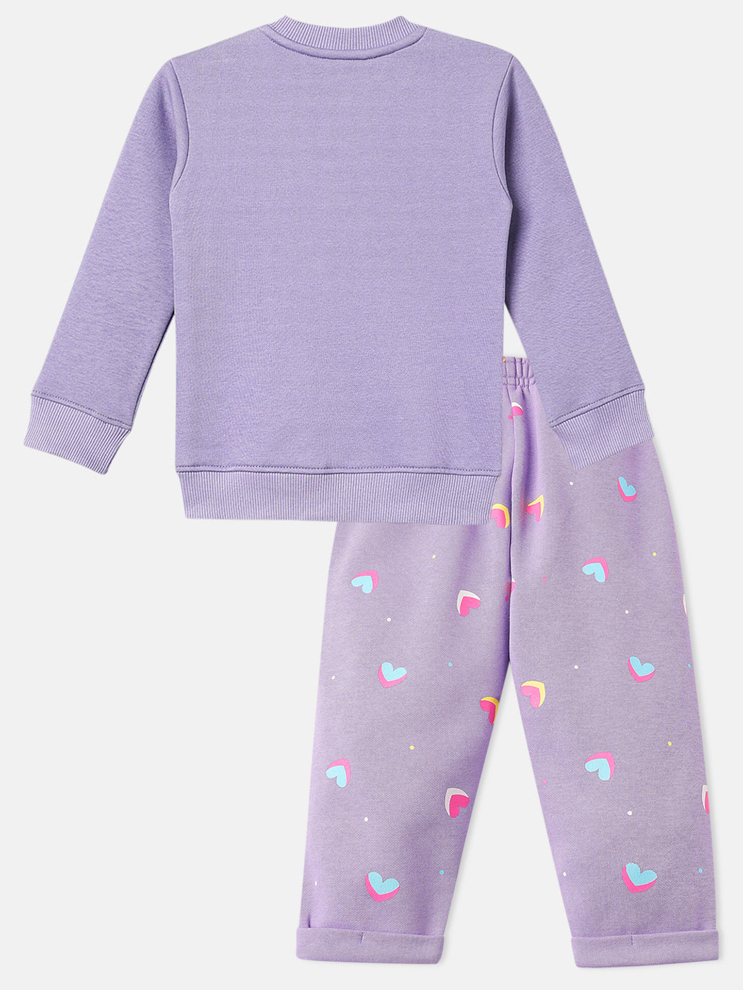 Nautinati Lavender Fleece Co-Ord Set of Graphic Sweater and Heart Printed Joggers for Infants