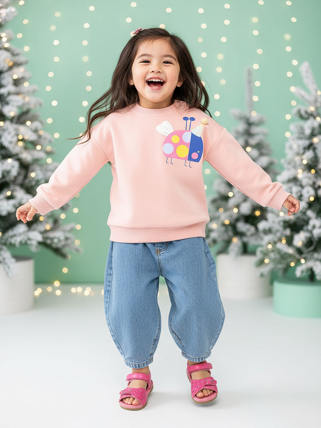 Nautinati Peach Ladybird Print Full Sleeves Fleece Sweatshirt for Baby Boys and Baby Girls