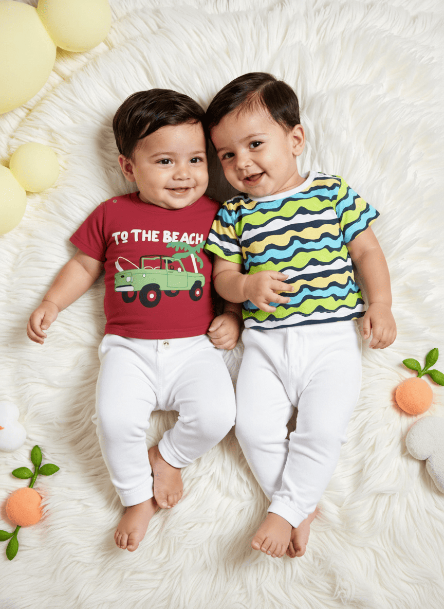 Nautinati Boys' Pack of 2 Cotton Beach Graphic Printed and Striped T-shirts