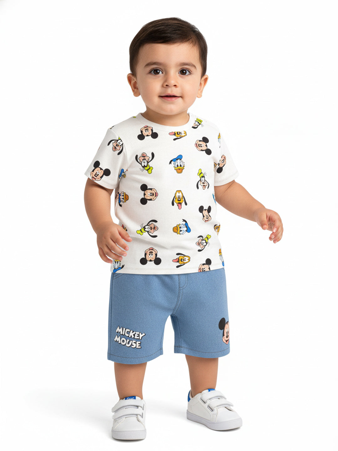 Nautinati White & Blue Mickey Mouse Printed  T-shirt and Shorts Set for Boys