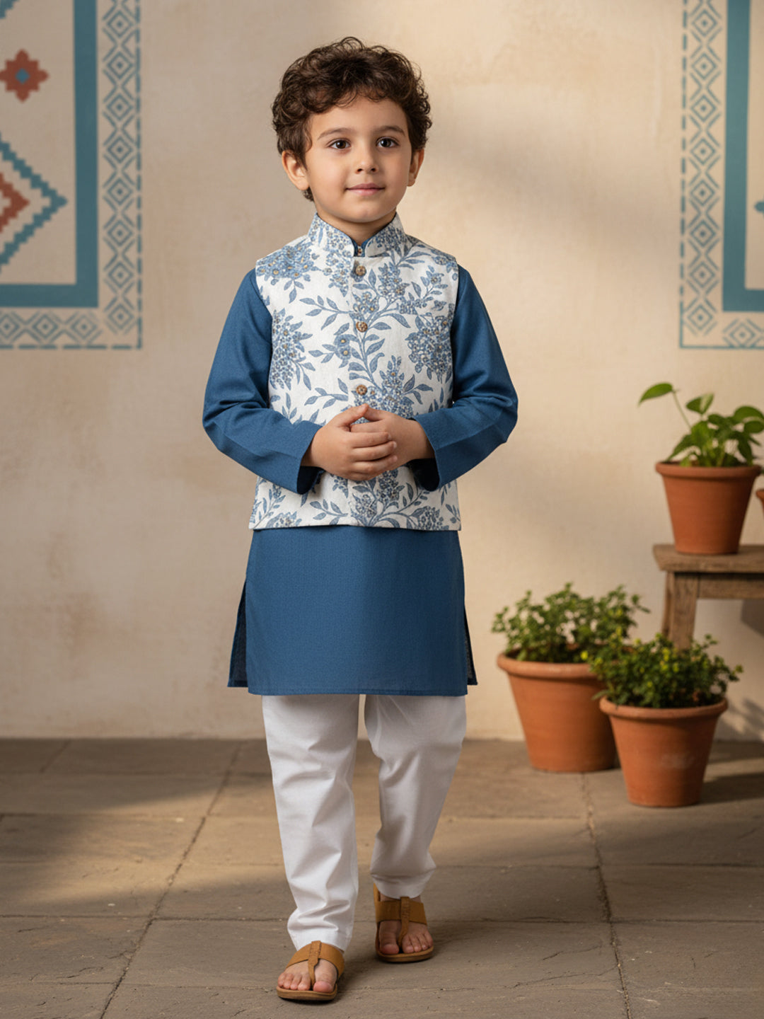 Nautinati Boys' Cotton Festive Kurta Pyjama With Jacket Set | Block Print Jacket | Age 2 - 10 Years