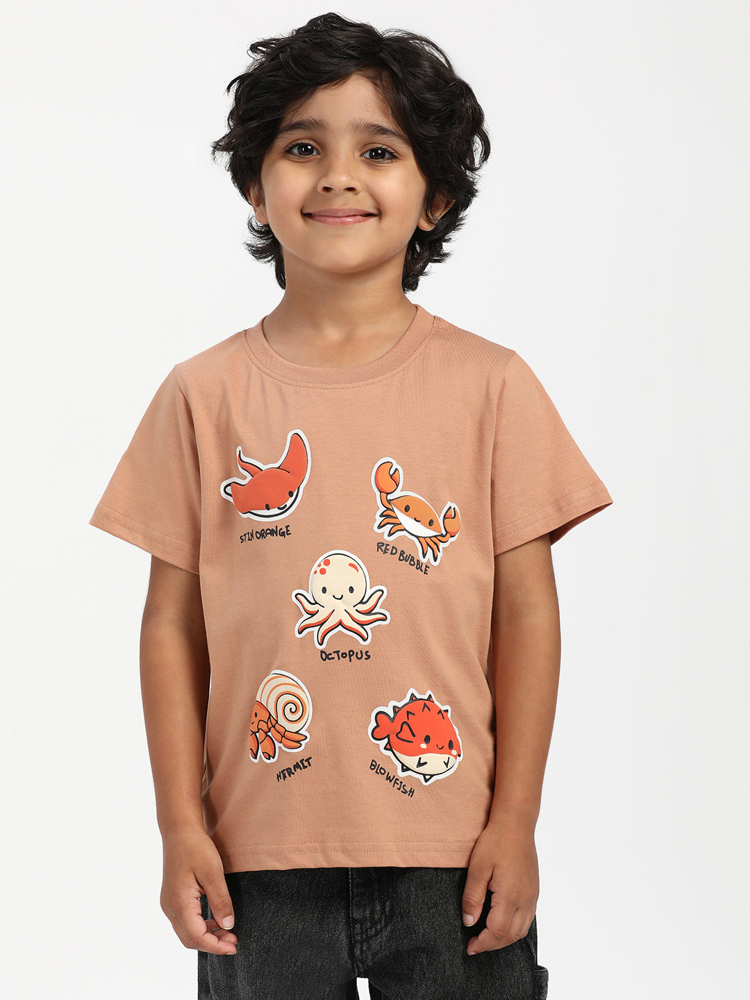Nautinati Boys' Cotton Beach Print Rib Collar T-shirt