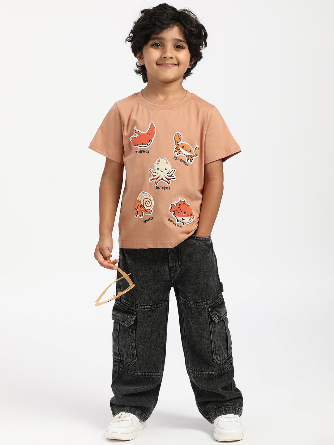 Nautinati Boys' Cotton Beach Print Rib Collar T-shirt