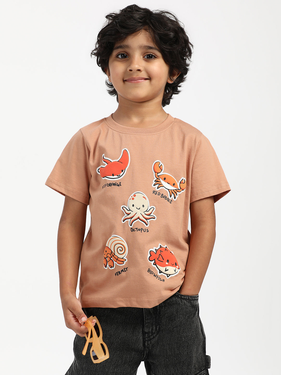 Nautinati Boys' Cotton Beach Print Rib Collar T-shirt