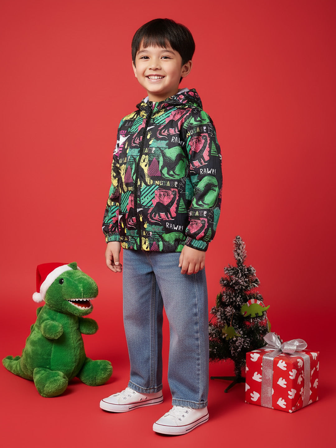 Nautinati Boys' Dino Printed Windbreaker Jacket | Hooded Design | Age 2 - 10 Years