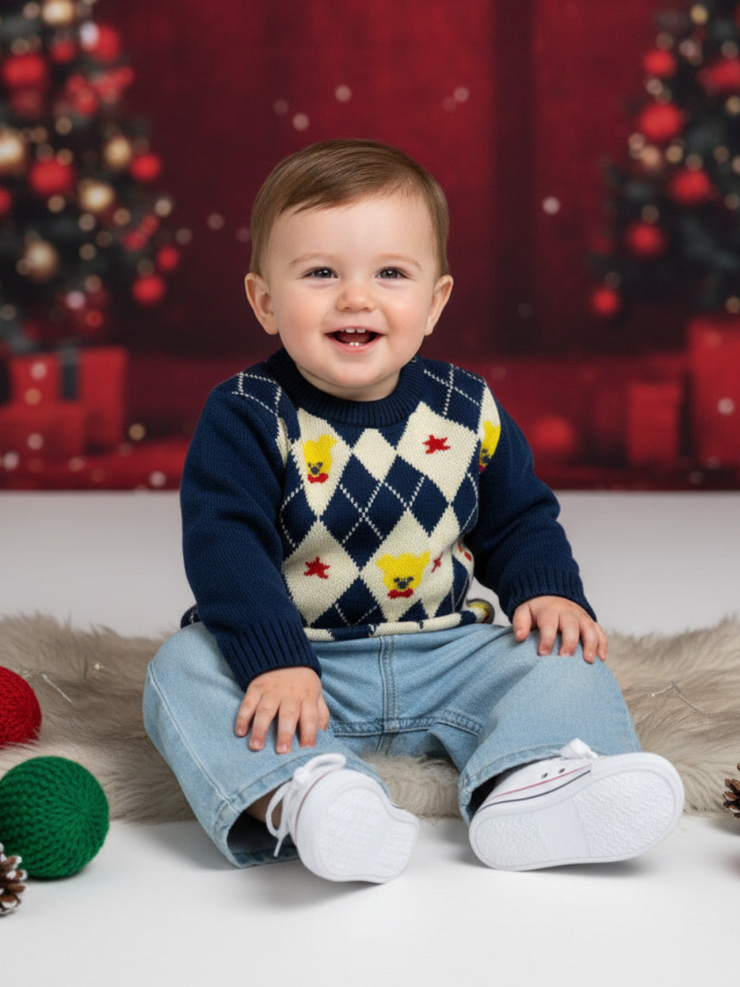 Nautinati Navy Blue and White Argyle Design Flat-knit Sweater for Boys