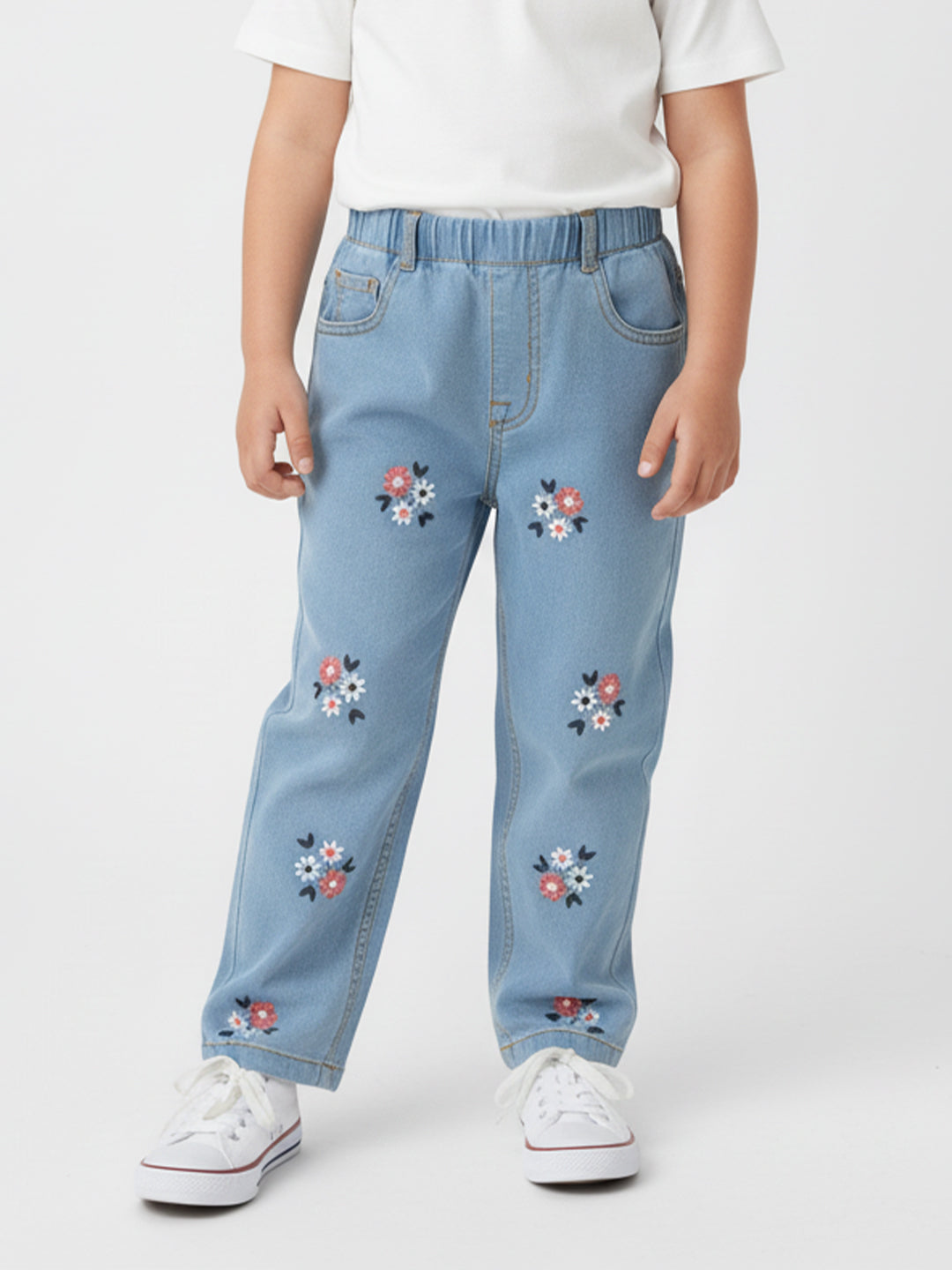 Nautinati Girls' Embroidered Flowers Elasticated Waistband Cotton Denim Jeans