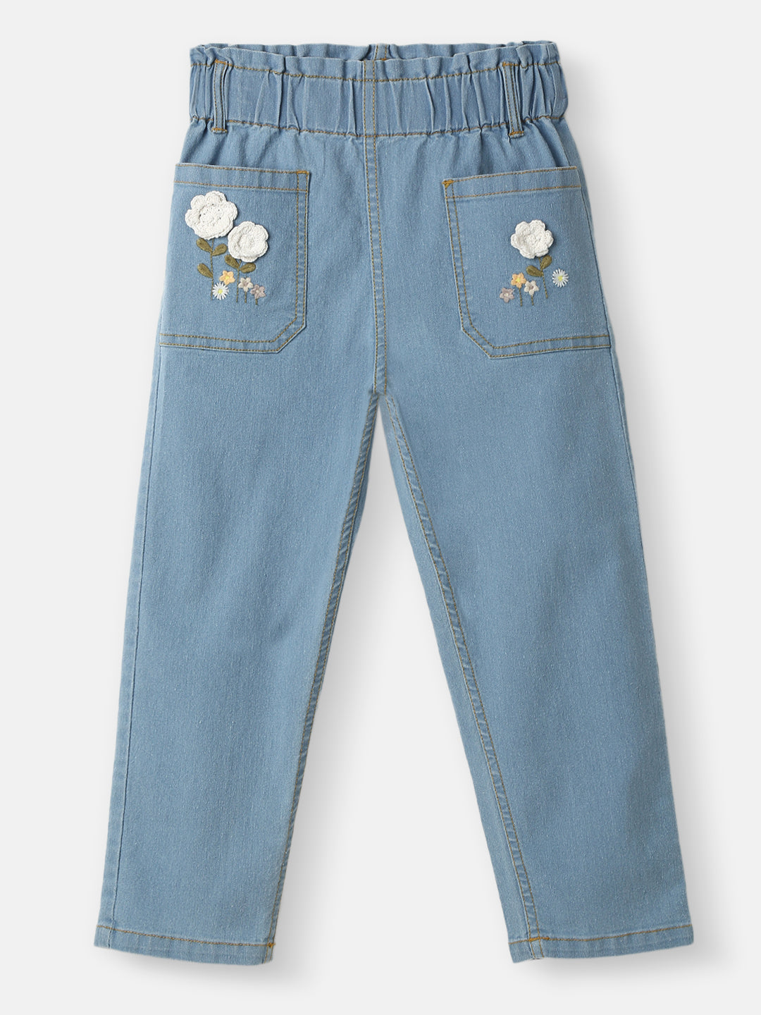 Nautinati Girls' Crochet Flowers Cotton Denim Jeans with Patch Pockets